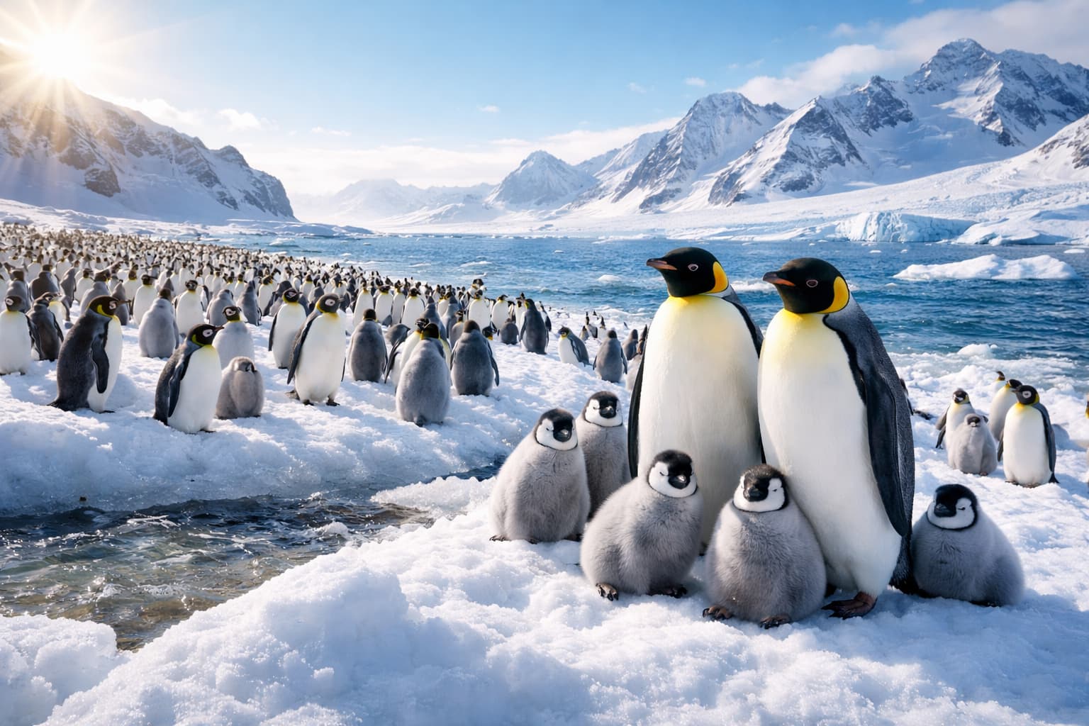 Colony of penguins on icy Antarctic landscape